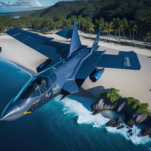 Photo war plane with modern design flying over the ocean with island during the day