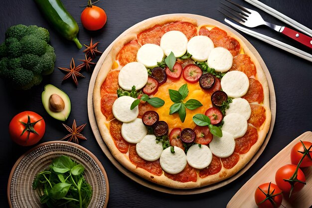 나무 판자에 따뜻한 피자 사진