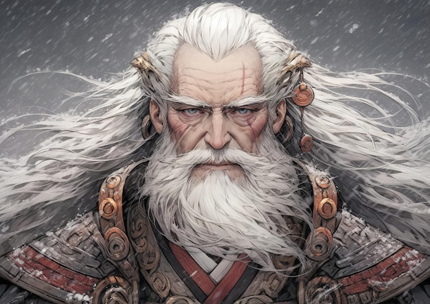 Photo a warrior with a white beard and hair stands in snow