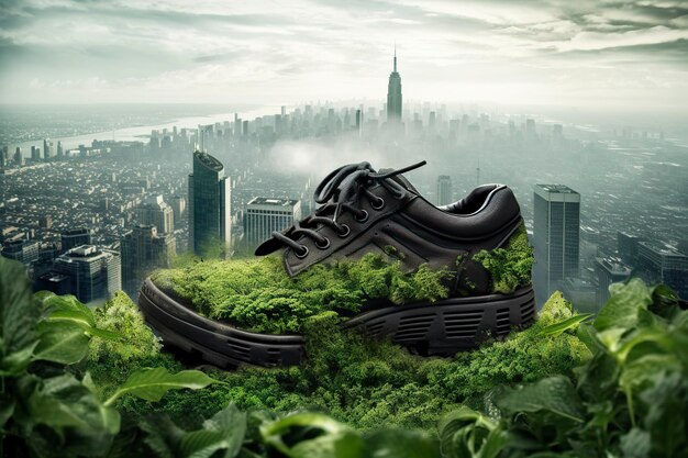 A photo was taken shoe with greenery and city Carbon Footprint concept AI Generative