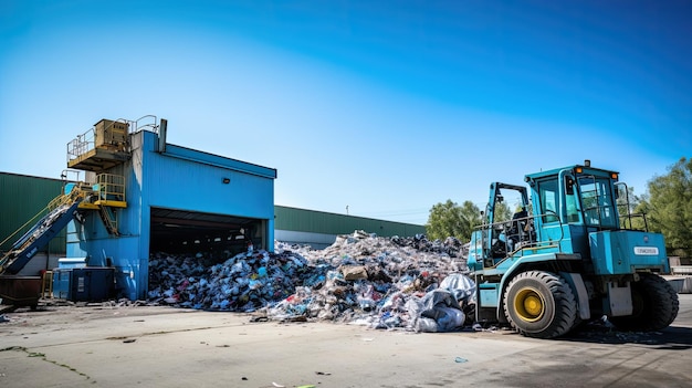 A photo of a waste management facility with recycling equipment suburban backdrop