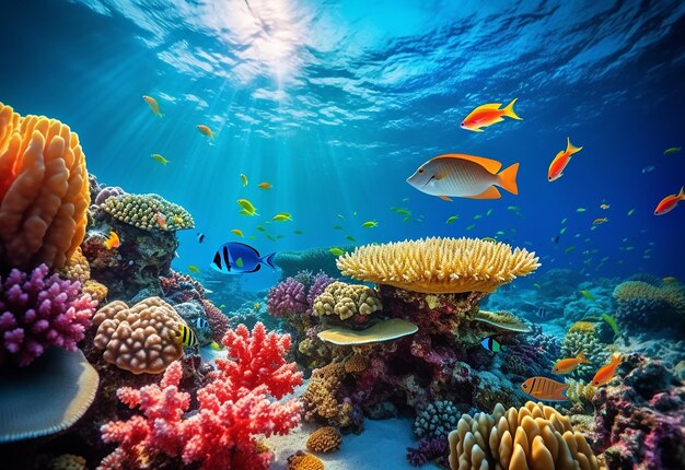 Photo of under water deep sea nature with beautiful fishes and turtles