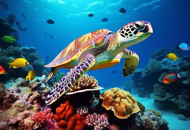 Photo of under water deep sea nature with beautiful fishes and turtles