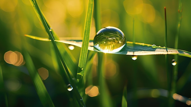 A photo of a water droplet on a blade of grass meadow backdrop