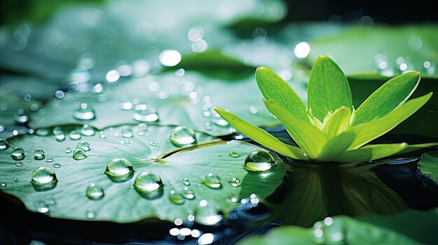 Photo a photo of a water droplet on a lily pad tranquil pond backdrop