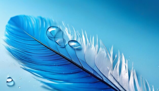 Photo water droplets on feather in blue colors