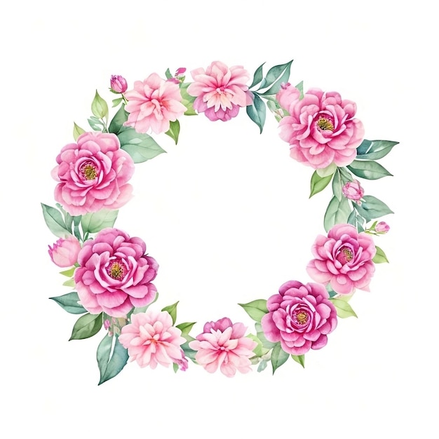 写真水彩花ボーダー牡丹バラアジサイとピンクの花のコーナー フレーム