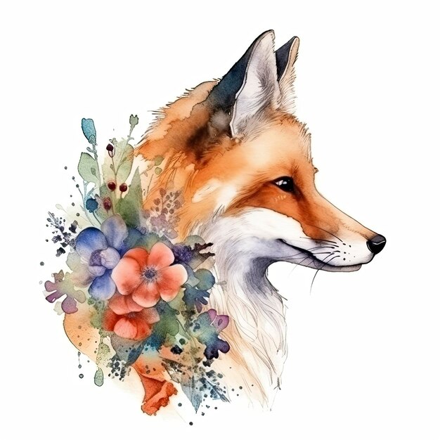 Photo watercolor painting of a cute fox with a flowers