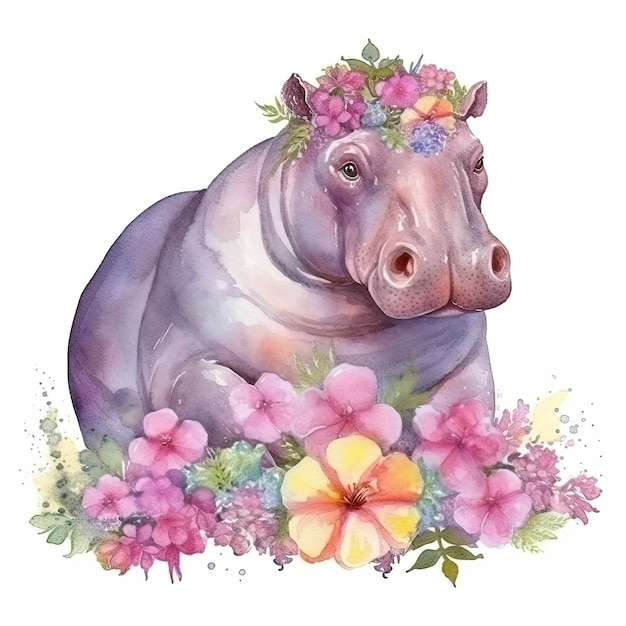 Photo watercolor painting of a cute hippopotamus with a flowers