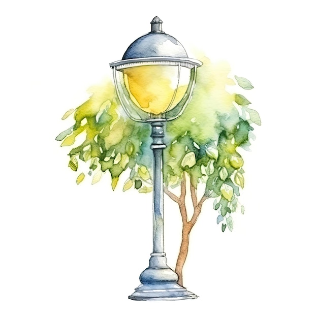 꽃과 램프의 사진 수채화 그림