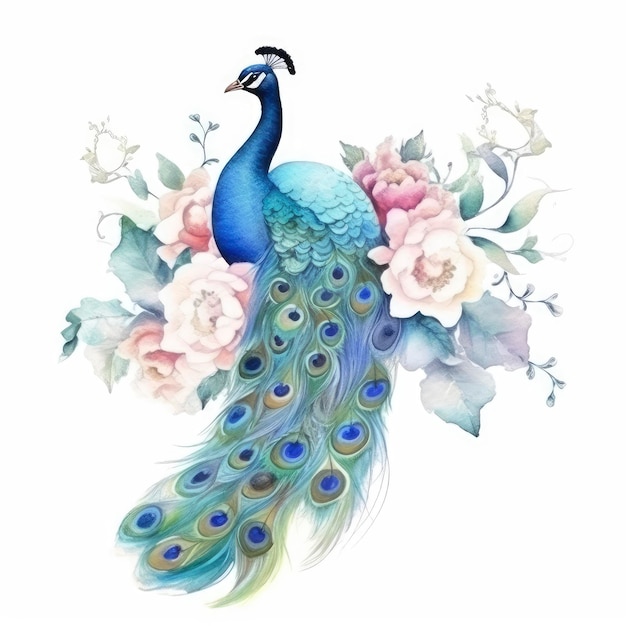 Photo watercolor painting of a peacock with a flowers