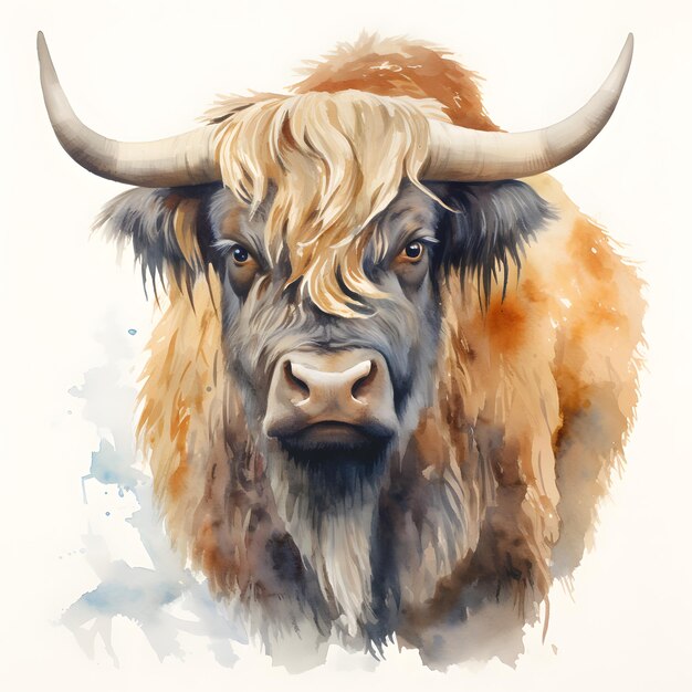 Photo of a watercolor painting of a scottish highland cow with long horns