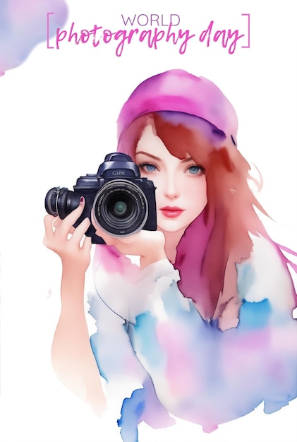 Photo Watercolor Woman Pose With Camera for National Photography Day