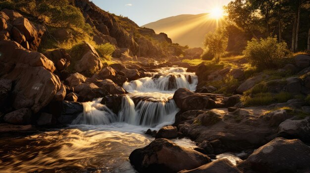 A photo of a waterfall at early evening with warm golden light and a sense of calm