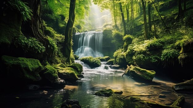 A photo of a waterfall in a forest with lush greenery