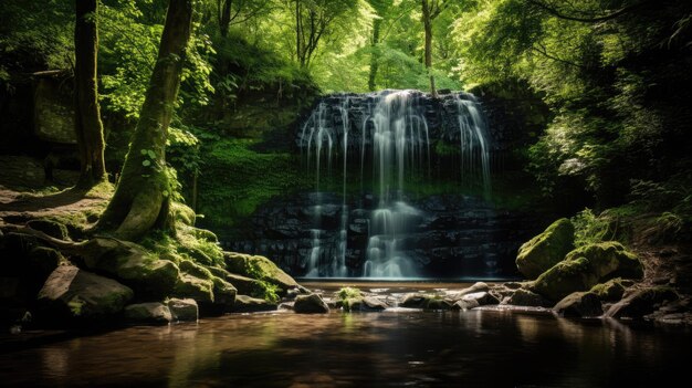 A photo of a waterfall in a lush green forest dappled sunlight