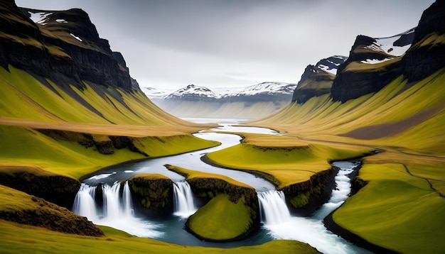 a photo of a waterfall with a mountain in the background