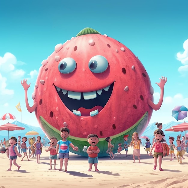 Photo watermelon cartoon character playing with kids in beach ai generated