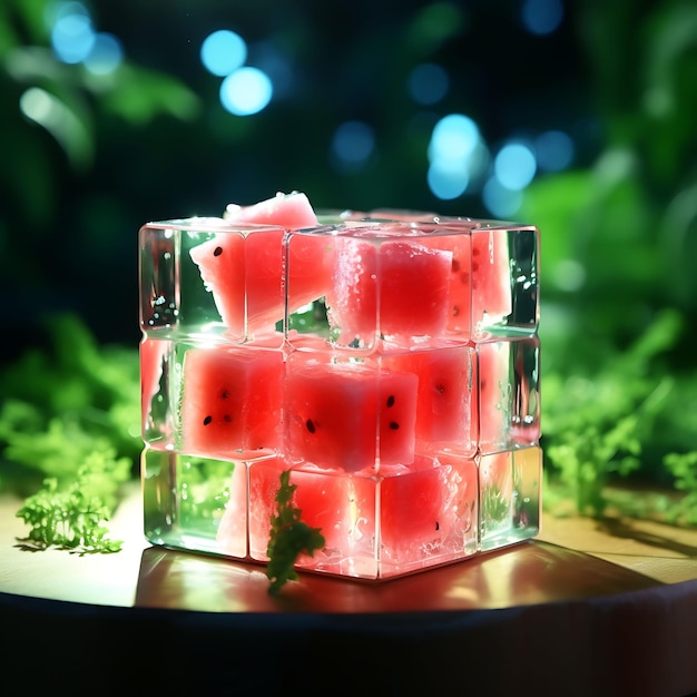 Photo of Watermelon in a Glass Box Cube With Vibrant Neon String Hang Decor Scene Beauty Natural