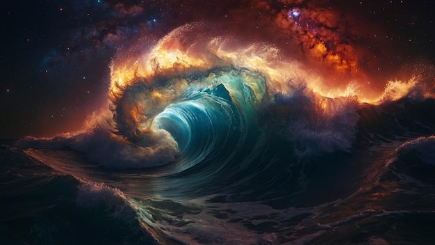 Photo photo of wave in the ocean under cosmic sky and starry night with stardust background