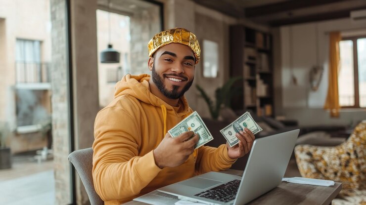 Photo photo of a wealthy man sitting at a desk with a laptop