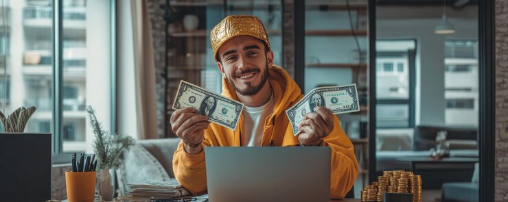 Photo photo of a wealthy man sitting at a desk with a laptop