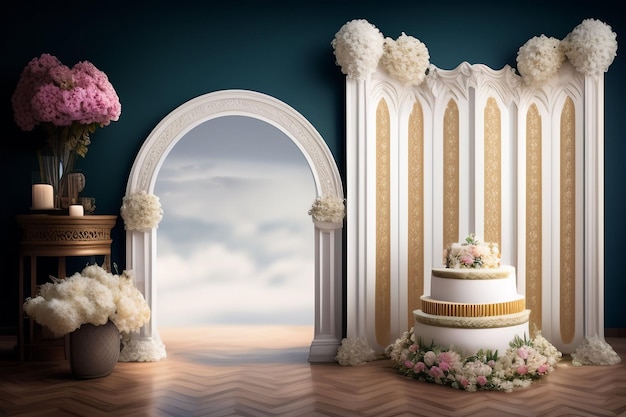 A photo of a wedding cake and flowers