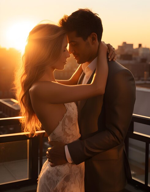 Photo wedding Couple holding hand together during sunset with evening sky background