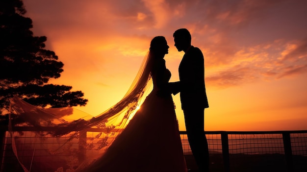 夕方の夕日を背景に結婚式のカップルがキスして一緒に手を繋いでいる写真