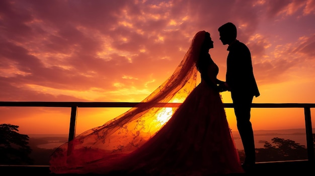 Photo of wedding Couple kissing and holding hand together in evening sunset background