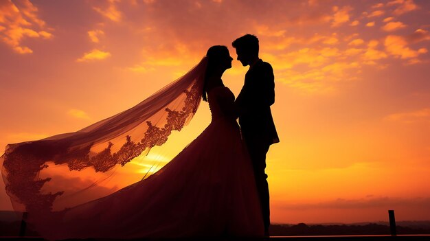 Photo of wedding Couple kissing and holding hand together in evening sunset background