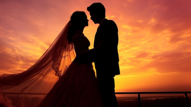 Photo of wedding Couple kissing and holding hand together in evening sunset background