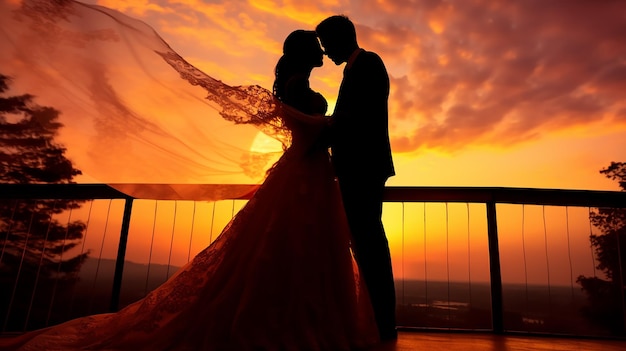 Photo of wedding Couple kissing and holding hand together in evening sunset background