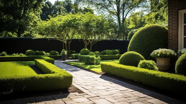 A Photo of a Well Maintained Outdoor Area with Trimmed Hedges and Swept Pathways