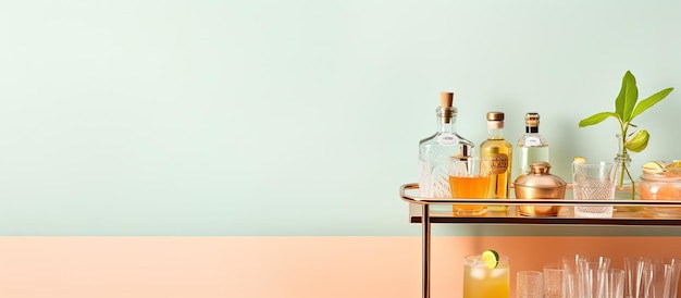 Photo of a well stocked bar cart with a variety of bottles and glasses with copy space