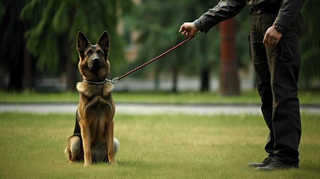 A Photo of a well trained dog demonstrating a stay command maintaining a position