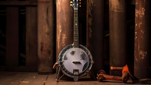 Photo a photo of a wellcrafted banjo against a rustic back
