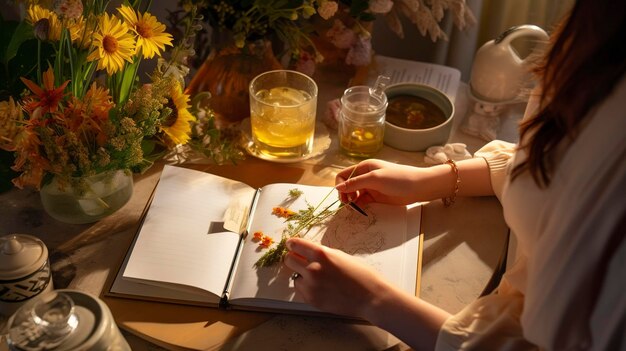 A photo of a wellness planner and a cup of herbal tea