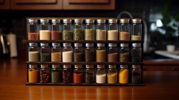 A photo of a wellstocked spice rack for healthy cooking