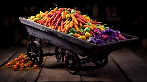 Photo a photo of a wheelbarrow filled with vibrant rainbow carrot