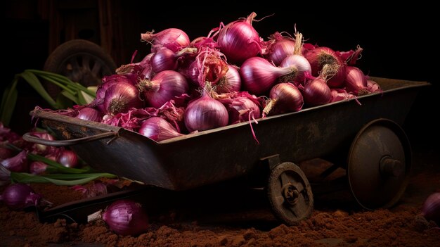 Photo a photo of a wheelbarrow filled with vibrant red onion