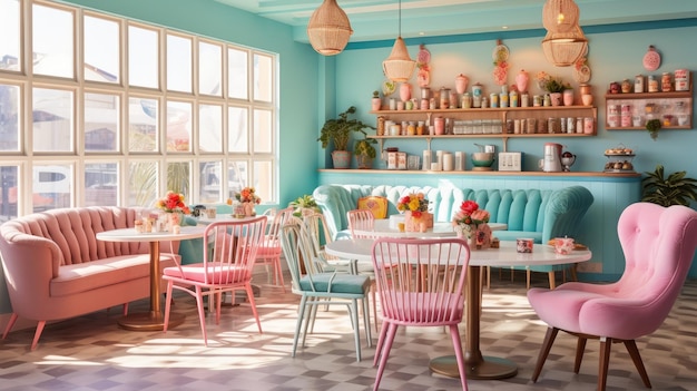 A photo of a whimsical cafe with eclectic furniture soft natural light