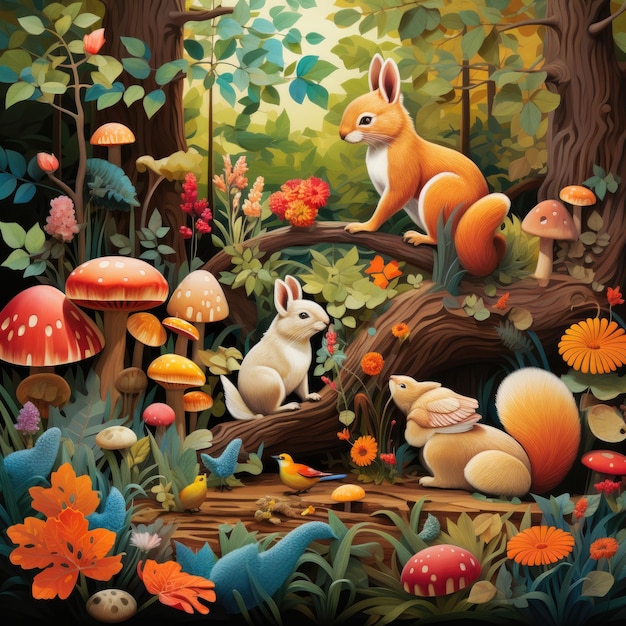 Photo of a whimsical forest scene with rabbits and mushrooms