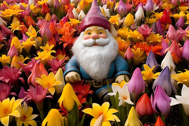 Photo of Whimsical garden gnome in a sea of tulips Flower Garden