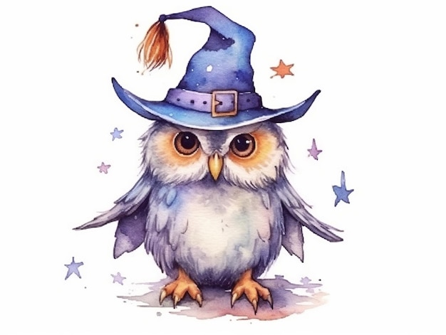 Photo Whimsical Witchy Owl Watercolor Style Clipart with a White Background