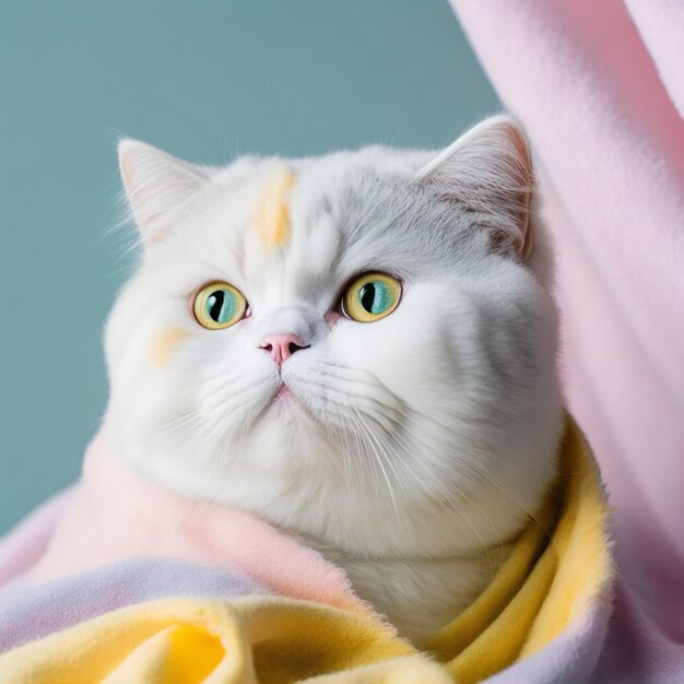 Photo white cat colorful portrait pink and gold yellow tones generative ai