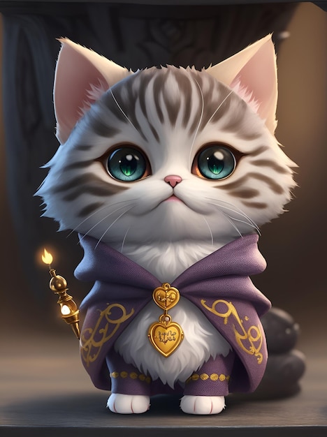 Photo of a white cat with blue eyes wearing a purple outfit