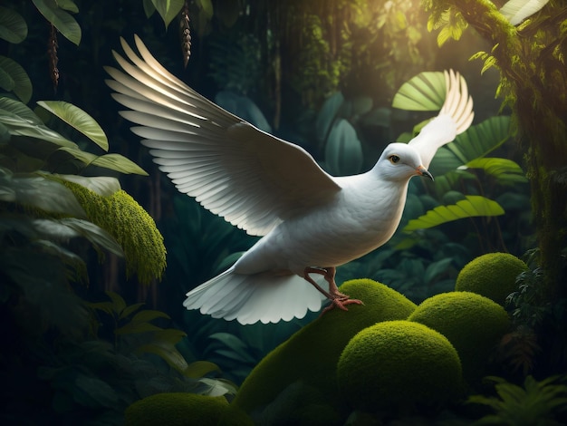 Photo a white dove bird sits in the dark green jungle with white feathers