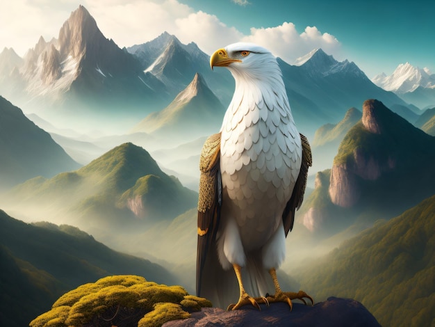 Photo a white eagle with a DSLR camera standing on the top of the mountain with mountains background