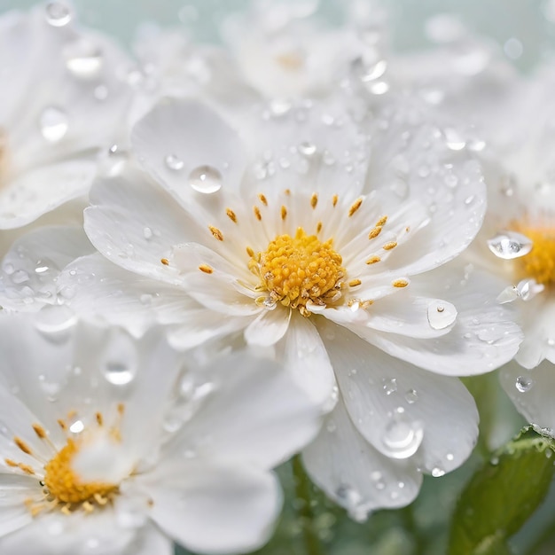 写真 白い花の花びら 水滴と花粉